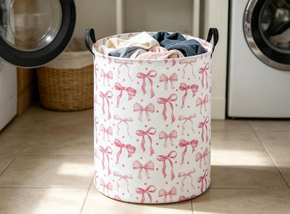 Girls Laundry Basket Pink Hamper for Nursery Bowkont Hamper Cute Storage Bin Organizer Room Decor for Home(Pink bowkont)
