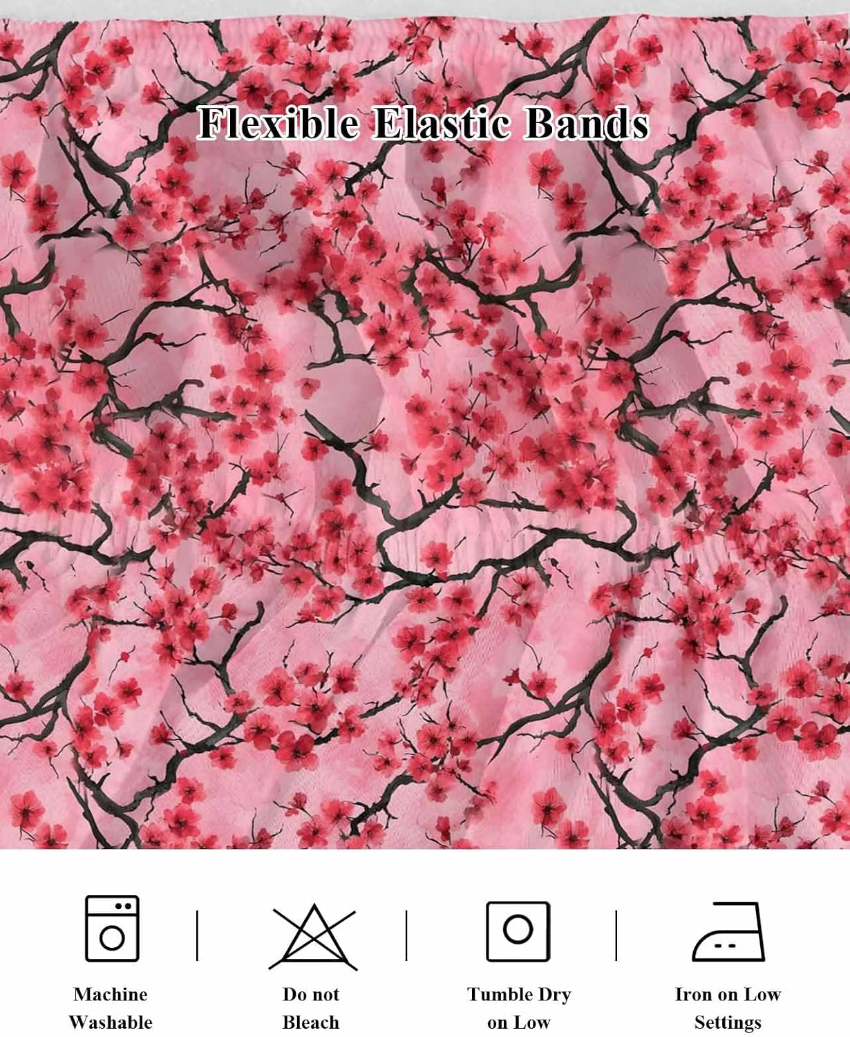 Chinese Flowers Bed Skirt Queen Size 16 Inch Drop, Wrap Around Bed Skirts, Spring Pink Peach Blossoms Floral Elastic Bedskirt Pleated Bed Frame Cover Luxurious Dust Ruffle for Queen Bed