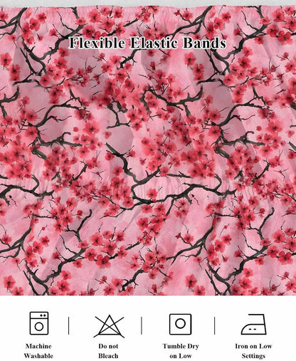 Chinese Flowers Bed Skirt Queen Size 16 Inch Drop, Wrap Around Bed Skirts, Spring Pink Peach Blossoms Floral Elastic Bedskirt Pleated Bed Frame Cover Luxurious Dust Ruffle for Queen Bed