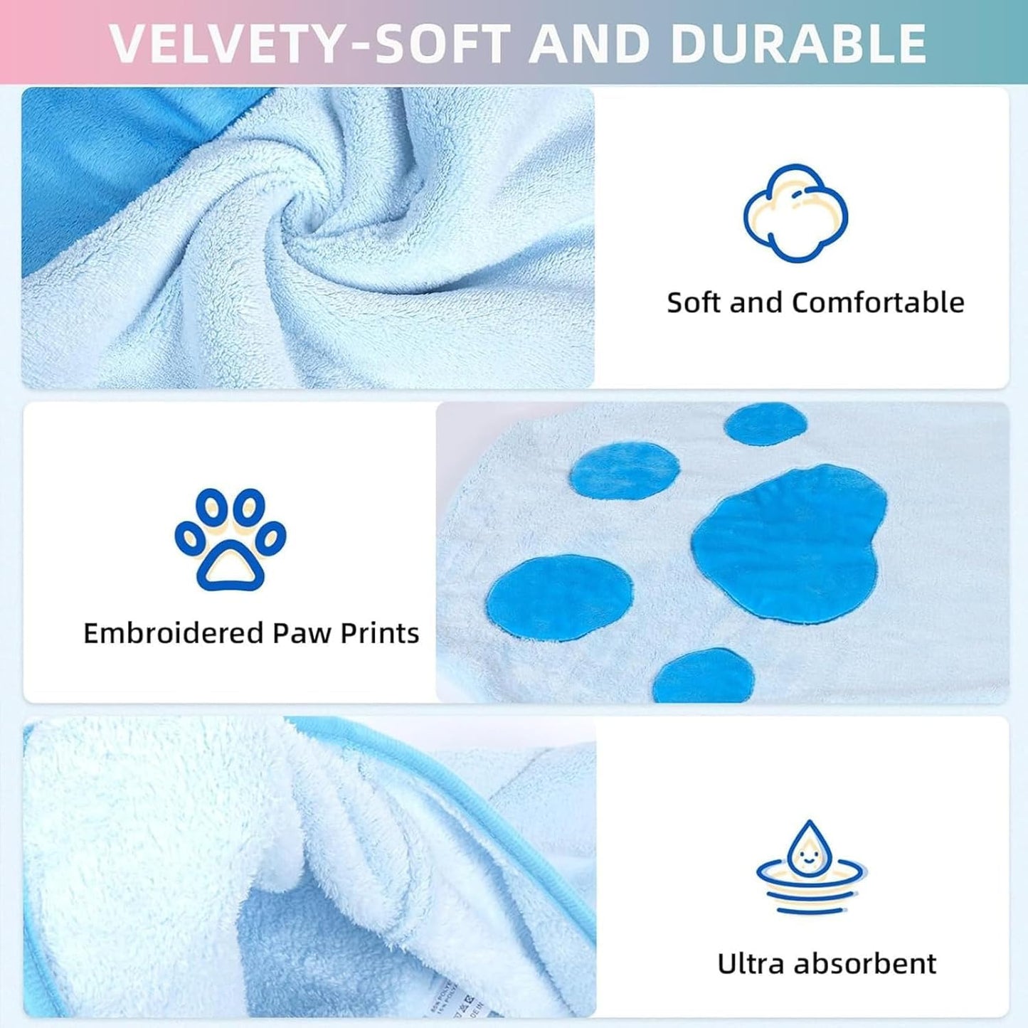 Paw Bathing Towel for Cats, Ultra Soft Microfiber Pet Bath Towel Gloves for Muddy Paws, Ears, Coral Fleece Pet Towel, Quick-Dry Cat Drying Towel, Lint-Free Absorbent with Hanging Loop (blue+pink)