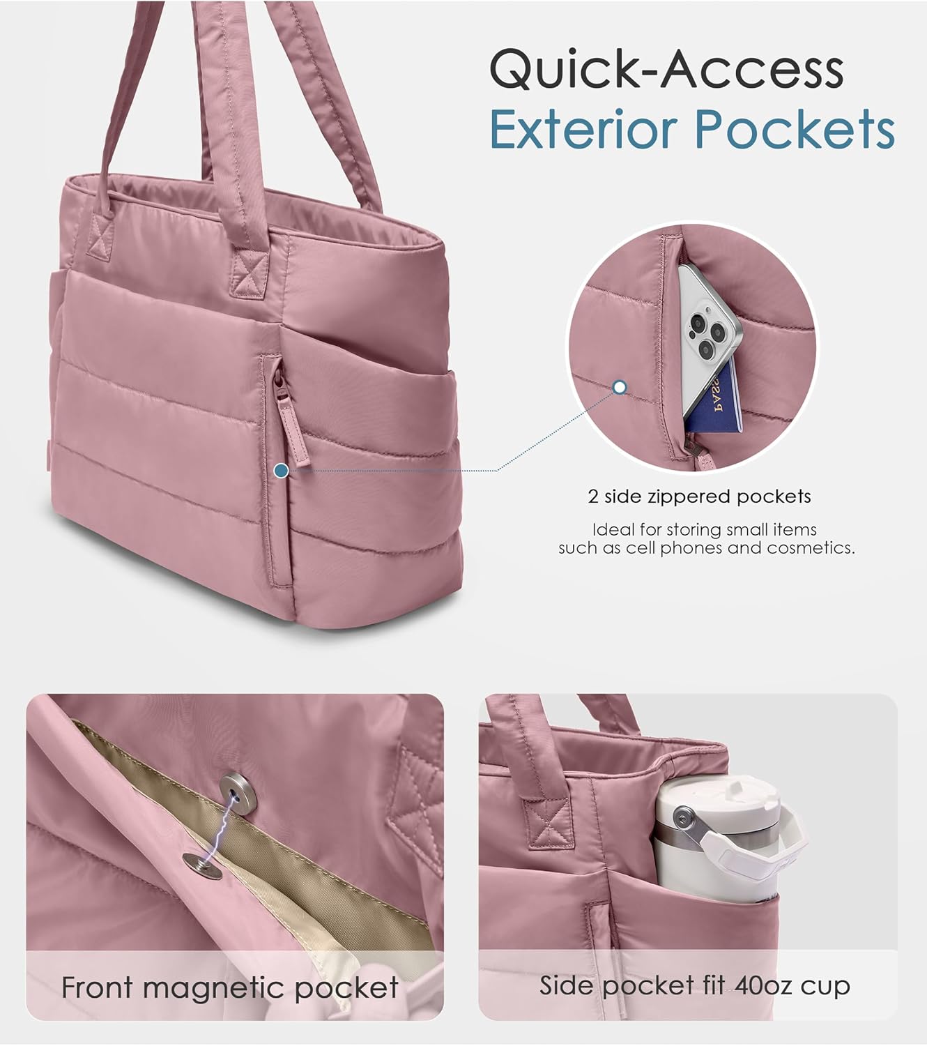 Uselike Tote Bag for Women with Zipper, Quilted Puffer Tote Bag with Compartments, Lightweight Puffy Work Bags for Women