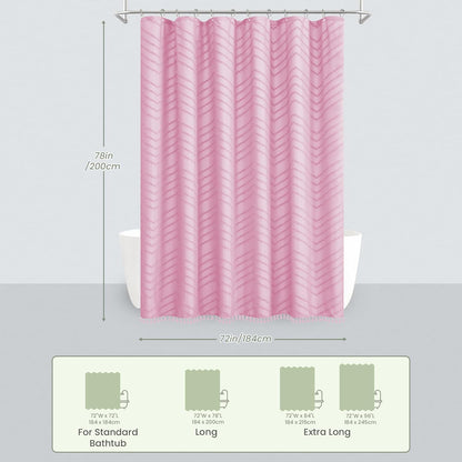 Inhousolu Boho Woven Fabric Shower Curtain, Tufted Textured Chevron Striped Tassel, Modern Farmhouse Minimalist Cloth, Water-Repellent Washable Bath Curtain for Bathroom Hotel 72" W x 78" L Pink
