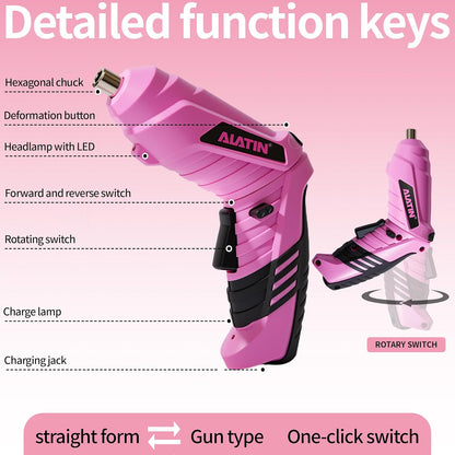 Pink Cordless Screwdriver Tool Set, 40-Piece Household Hand Tool Kit With 3.7V Rechargeable Electric Screwdriver, Hammer, Pliers, Nails for Home Maintenance DIY Beginners