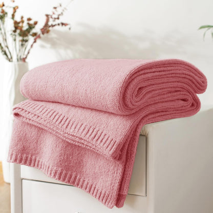 Carriediosa Wool Blend Knit Throw Blanket 50% Recycled Poly 50x60 Pink | Rib Knitted, Lightweight, Soft, Fuzzy, Cozy, Fluffy, Throws, Blankets, Bed Cover, For Couch, For Sofa