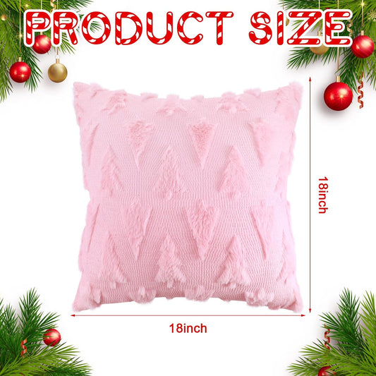 Mixweer 2 Set Christmas Tree Pillow Covers 18x18 Inch Pink Christmas Throw Pillow Cases Decorations Plush Faux Fur Soft Cushion Case for Winter Xmas Holiday Home Bedroom Sofa