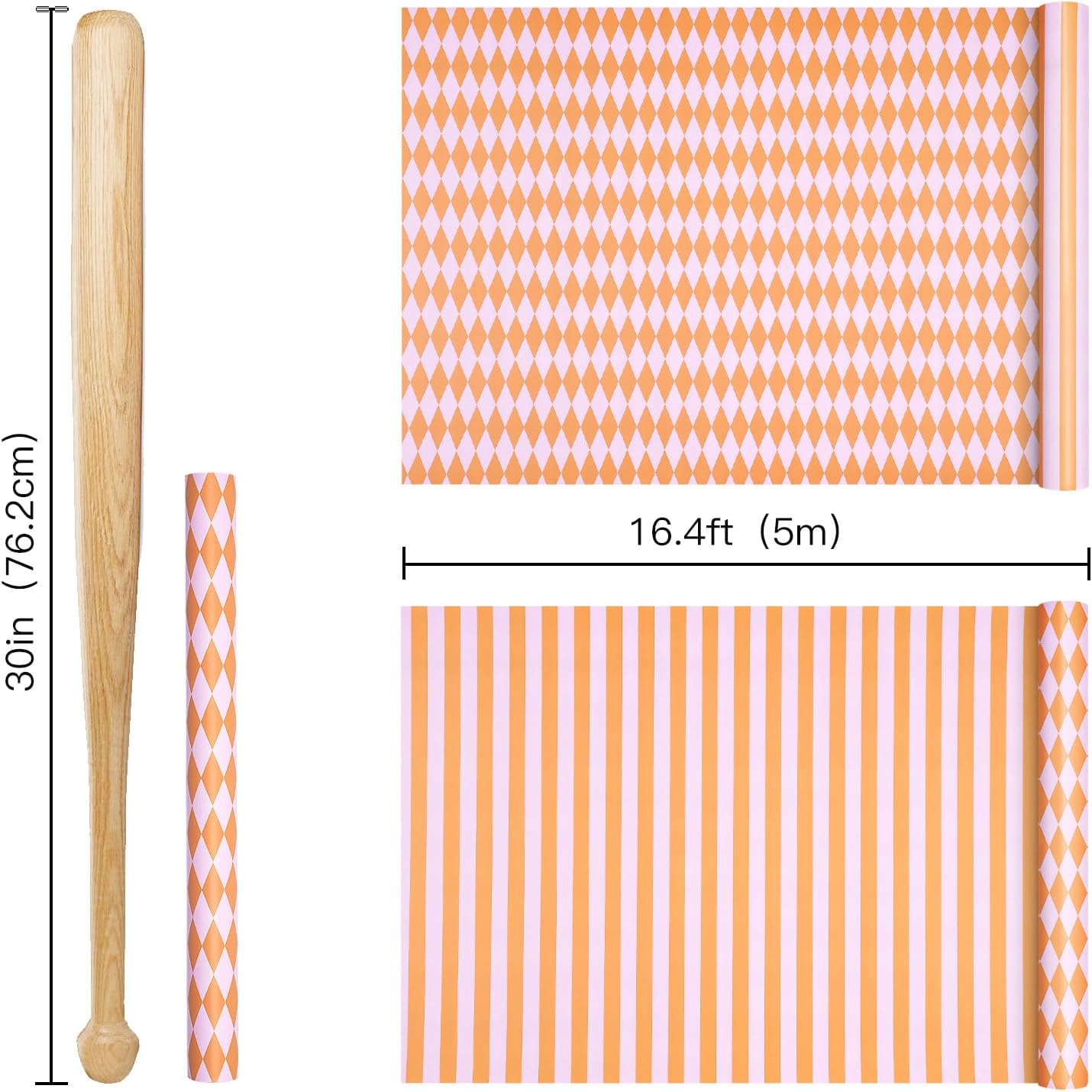 RUSPEPA Reversible Wrapping Paper Roll, Mini Roll, Pink and Orange Stripes and Diamond Pattern Gift Wrap for Birthday, Baby Shower, Wedding, Easter, Summer Gifts, Holiday, 17 Inches x 16.4 Feet