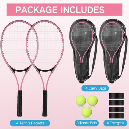 4 Pcs Tennis Rackets for Adult Recreational 4 Players 27" Tennis Racquet Lightweight Tennis Racket with 3 Tennis Balls for Training Beginners with Overgrips Carry Bag