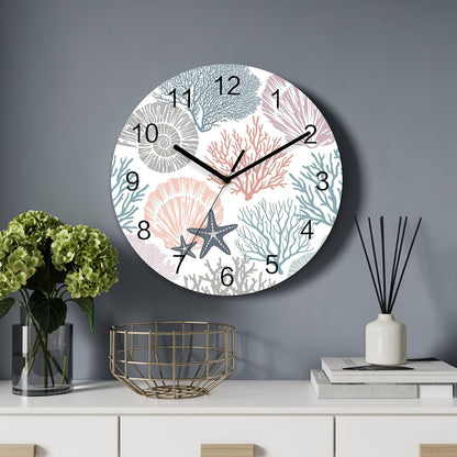Underwater World Wall Clock Battery Operated Non-Ticking 10" Round Wood Clocks, Marine Life Starfish Coral Shell Pink Kitchen Wall Clock for School Bathroom Living Room Home Office Wall Decor