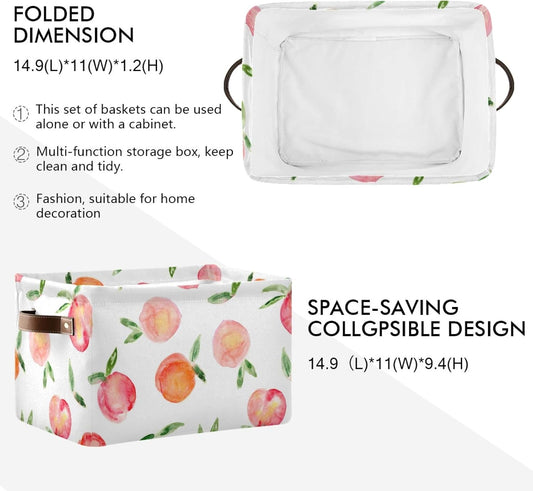 susiyo Large Foldable Storage Bin, Watercolor Peaches Fabric Storage Baskets Collapsible Decorative Baskets Organizing Basket Bin with PU Handles for Shelves Home Closet Bedroom Living Room-2Packs