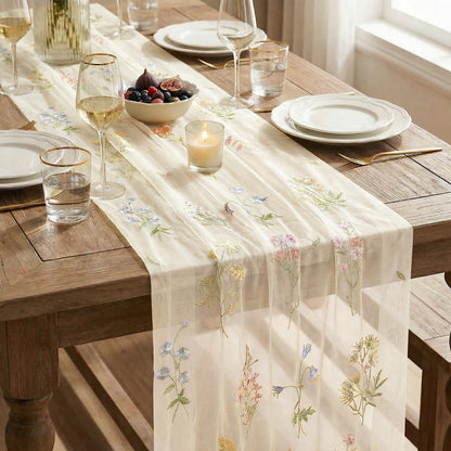 Artoid Mode Wildflower Floral Beige Apricot Gauze Embroidery Table Runner 120 Inch 10FT, Tulle Seasonal Spring Kitchen Dining Table Decor for Home Party