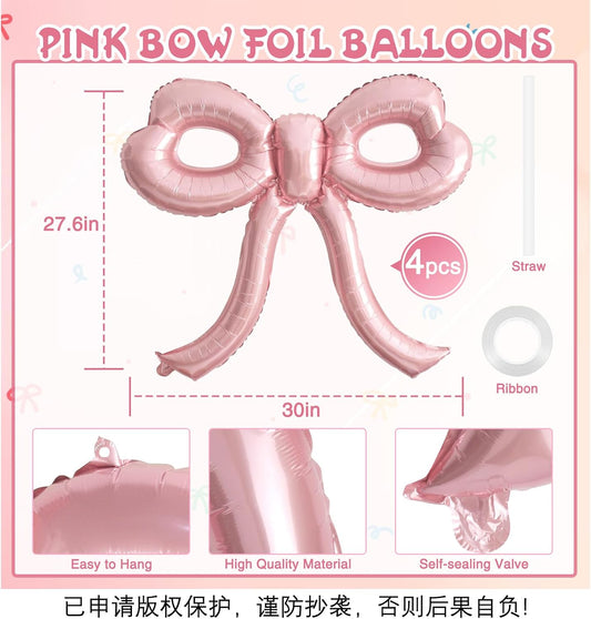 4 Pcs Pink Bow Balloons Bow Birthday Decorations for Girl Women Baby Shower Bridal Shower Bachelorette Party Mothers Day Decorations