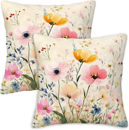Firmiso Soft Wildflower Throw Pillow Covers 18x18 Set of 2｜Floral Decorative Cushion Covers for Couch Sofa｜Pastel Botanical Pillow Cases｜Romantic Cottage Farmhouse Home Decor | Pink Yellow Accent