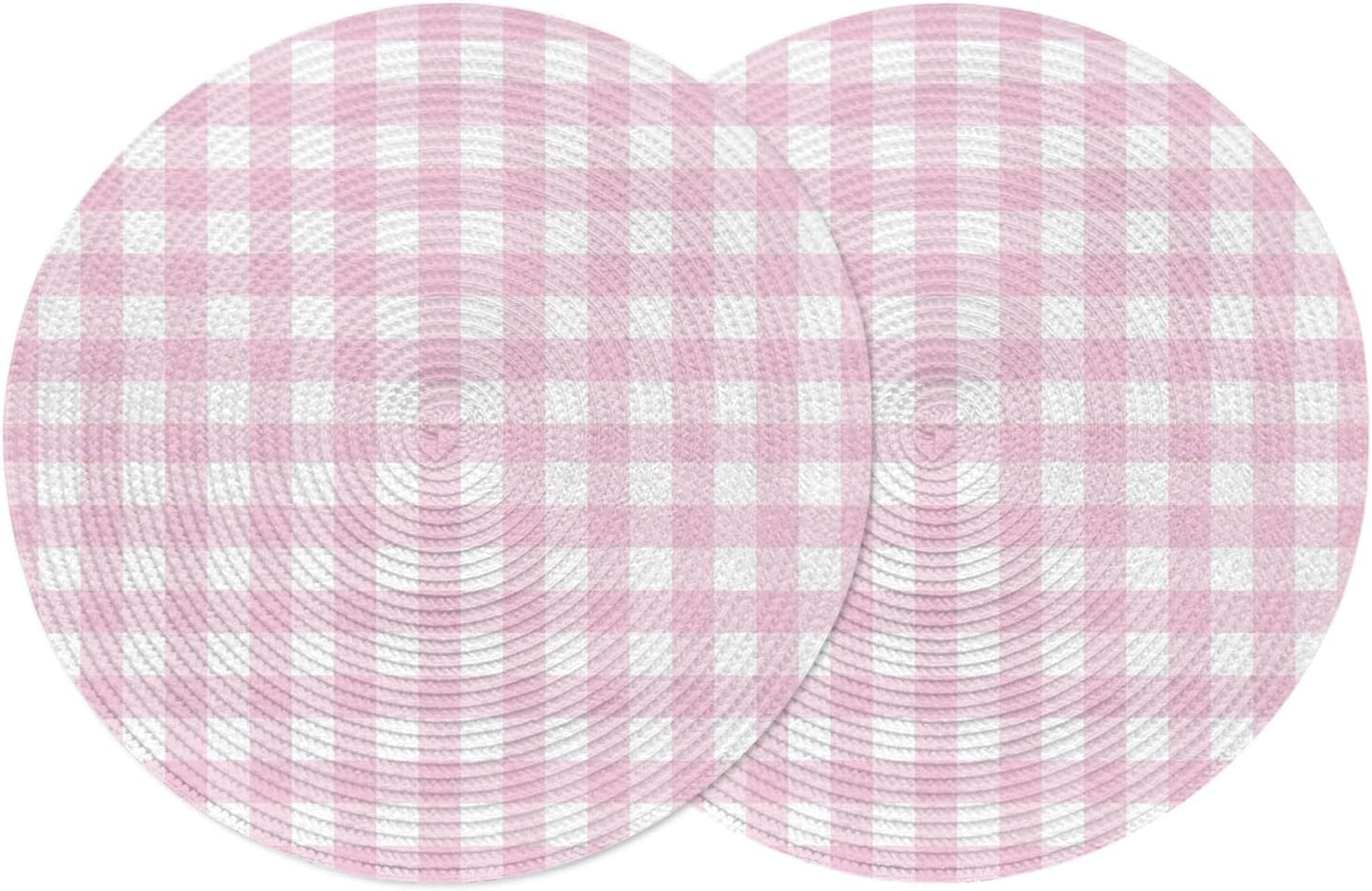 Round Placemats Set of 2 Peach Pink Buffalo Checked Plaid Place Mats Washable Woven Placemat Classic Grid Circle Braided Table Mat for Kitchen Dining Table Party Home Decor 15 Inch