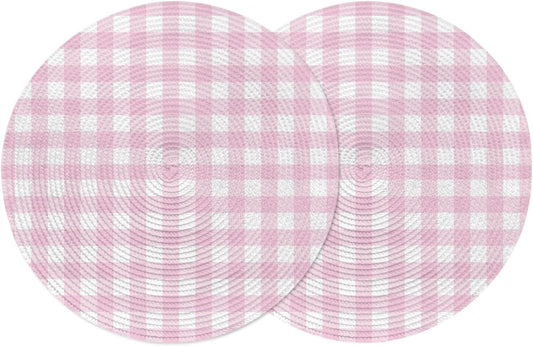 Round Placemats Set of 2 Peach Pink Buffalo Checked Plaid Place Mats Washable Woven Placemat Classic Grid Circle Braided Table Mat for Kitchen Dining Table Party Home Decor 15 Inch