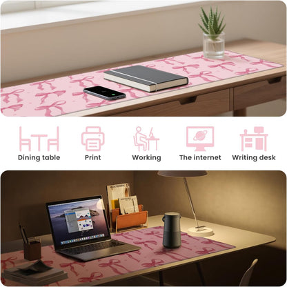 Pink Mouse Pad, Large Pink Desk Mat Bows Computer Mat, Gaming Keyboard and Mouse Pad Non-Slip Rubber Base, Stitched Edge, Cute Girly Office Supplies Desk Accessories Decor for Women 31.5 x 11.8in