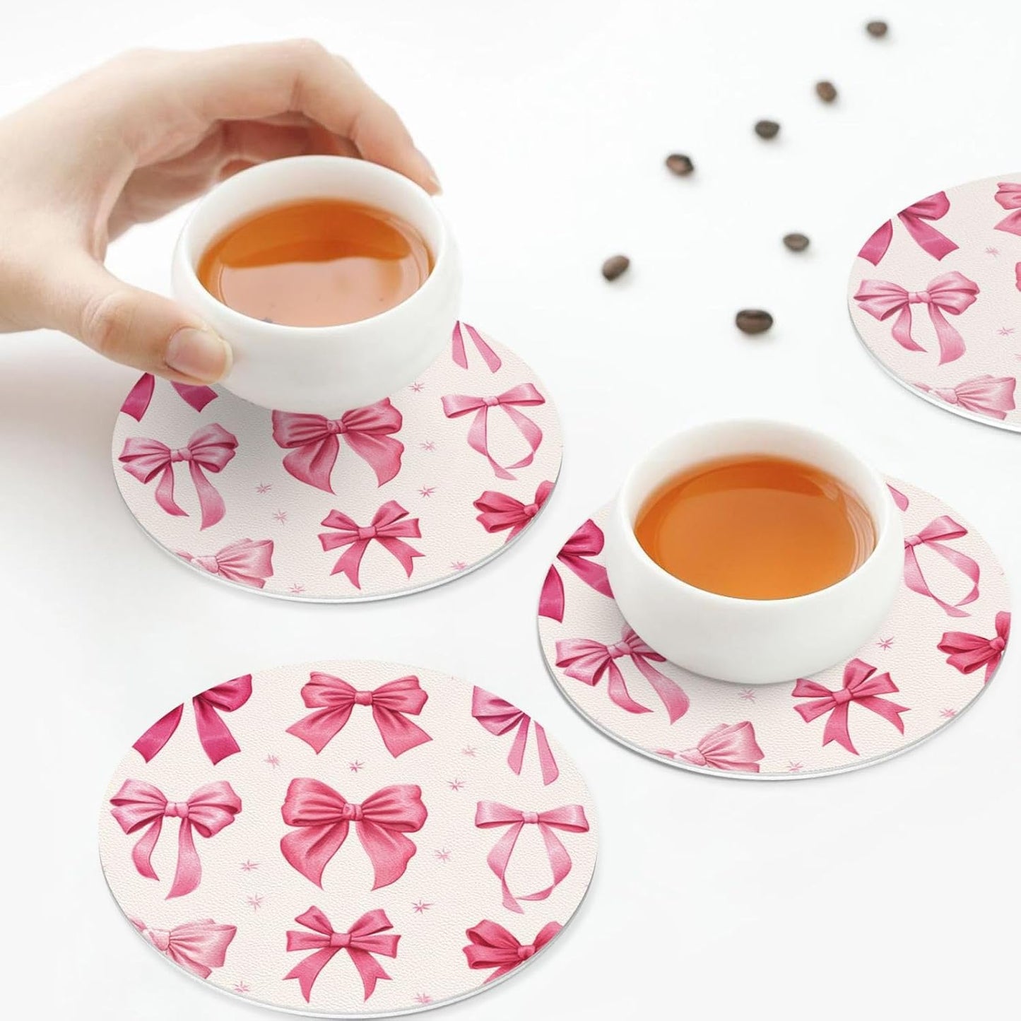 Light Pink Bows in Three Rows Drinks Coasters Set of 4 Leather Drink Coasters for Tabletop Protection Heat Resistant Bar Cup Mat Pad
