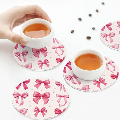 Light Pink Bows in Three Rows Drinks Coasters Set of 4 Leather Drink Coasters for Tabletop Protection Heat Resistant Bar Cup Mat Pad