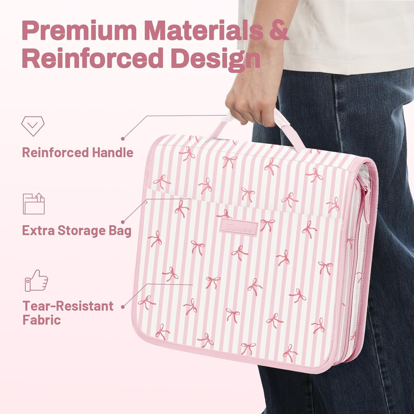 SUNEE Zipper Binder with Handle, 1.5 Inch O-Ring, 325 Pages Capacity, with 5-Tab Expanding File Folder for Classified Storage, Small Size Lightweight Zipper Bag for Middle School Students, Pink Bow