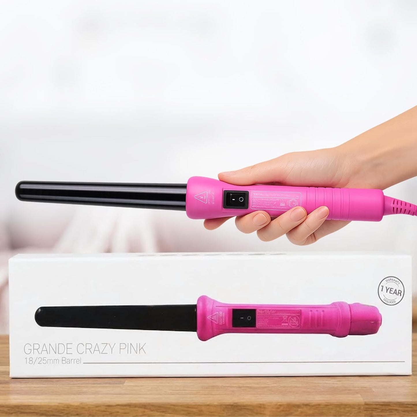 HerStyler Grande Ceramic Curling Iron - 1 inch, Pink (Curling Wand for Long Short Hair, Dual Voltage, Negative Ions, Tapered Barrel, User Friendly, PF30)