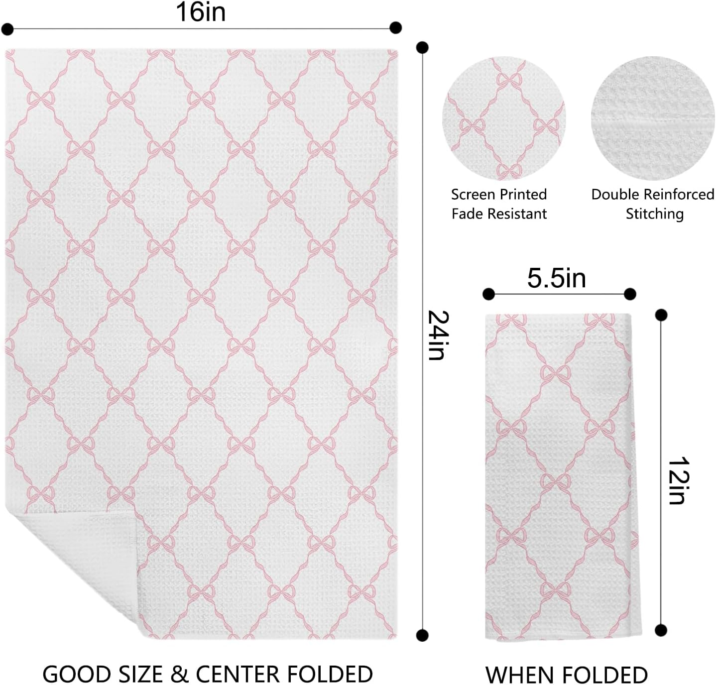 Light Pink Bow Coquette Kitchen & Bath Towels, 16x24 Inches