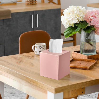 Pink Tissue Box Cover Square - Wood Tissue Box Holder for Tabletop Night Stands Bathroom Office - Decorative Facial Cube Tissue Box Dispenser