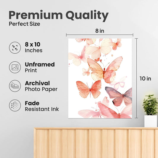 ZUKIY Peach Butterfly Drift - 8x10 Unframed Butterfly Wall Art Print - Watercolor Butterfly Flower Art for Bedroom Office Living Room Hallway or Gallery Wall - Whimsical Nature Decor Poster