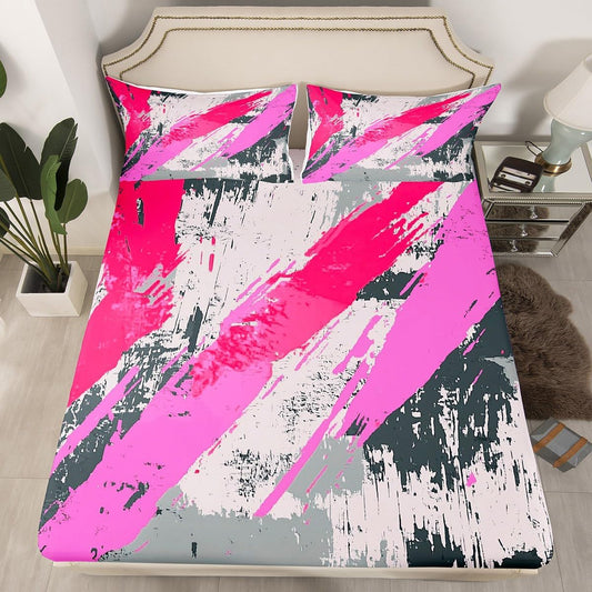 jejeloiu Peach Pink Abstract Bed Sheets Set Queen Size Modern Art Geometric Fitted Sheet for Kids Minimalist Decor Bedding Set Soft Lightweight Microfiber Bedroom Decor（with 2 Pillow Cases）