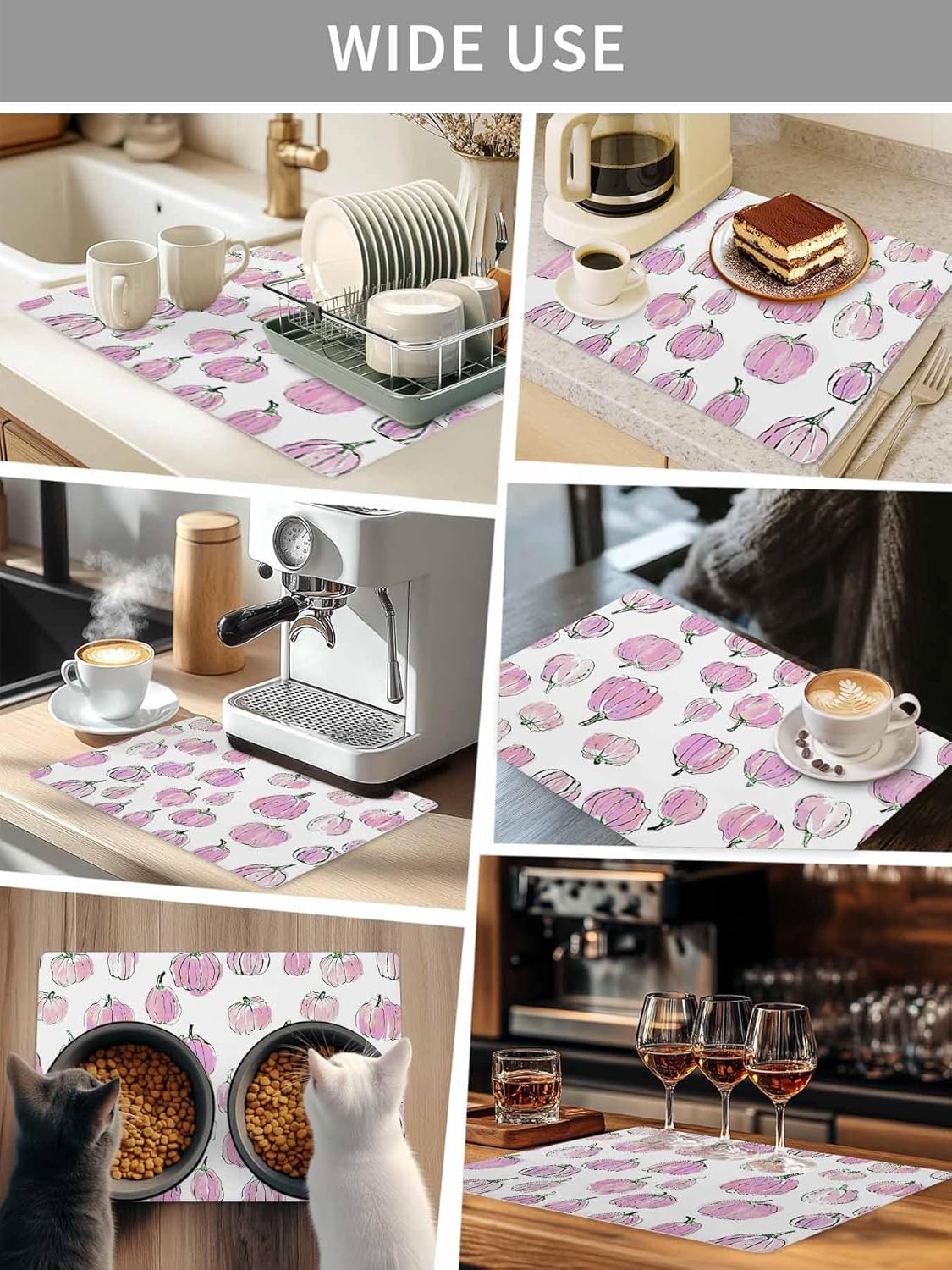 Coffee Mat for Countertops Fall Thanksgiving Light-pink Pumpkin Pattern Absorbent Dish Drying Mat for Kitchen Counter Coffee Bar Accessories Rubber Backed for Espresso Machine 18" x 24"