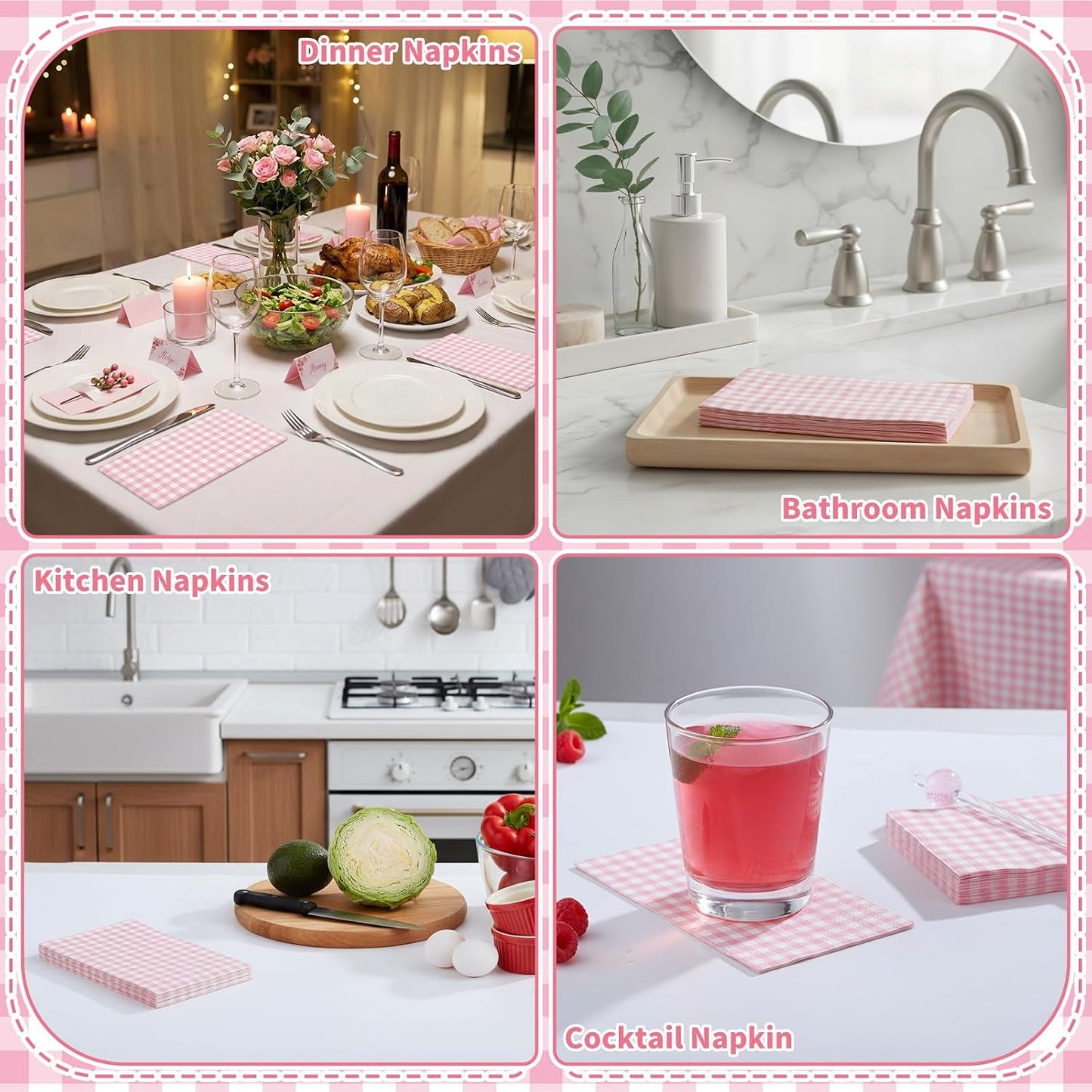 NatNarr 60 Pcs Pink Gingham Napkins, 2 Ply Pink and White Plaid Bathroom Napkin Guest Disposable Checkered Dinner Napkin for Mother's Day Birthday, Baby Bridal Shower, Wedding