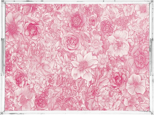 Retro Floral Rose Pink Serving Tray 12" x 16" Acrylic Trays with Handles Decorative Serving Platter for Coffee, Breakfast in Bed, Dinner, Appetizers, Patio, Party