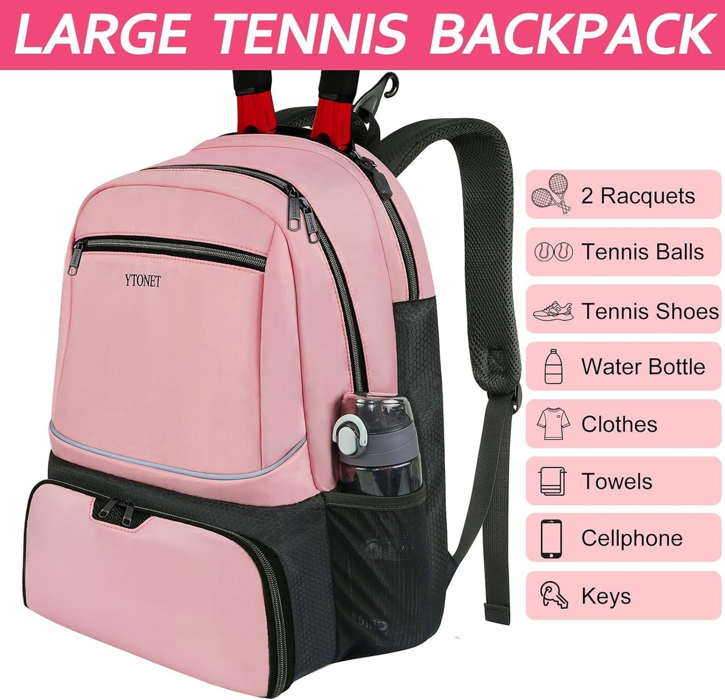 Ytonet Tennis Bag Tennis Backpack for Women Men 2 Rackets with Insulated Pocket Ventilated Shoe Compartment