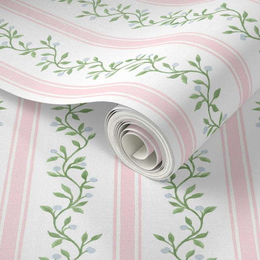 Peel & Stick Wallpaper Swatch - Pink Regency Stripe Cottagecore Neutral Traditional Soft Blue Pastel Greens Grandmillenial Custom Removable Wallpaper by Spoonflower