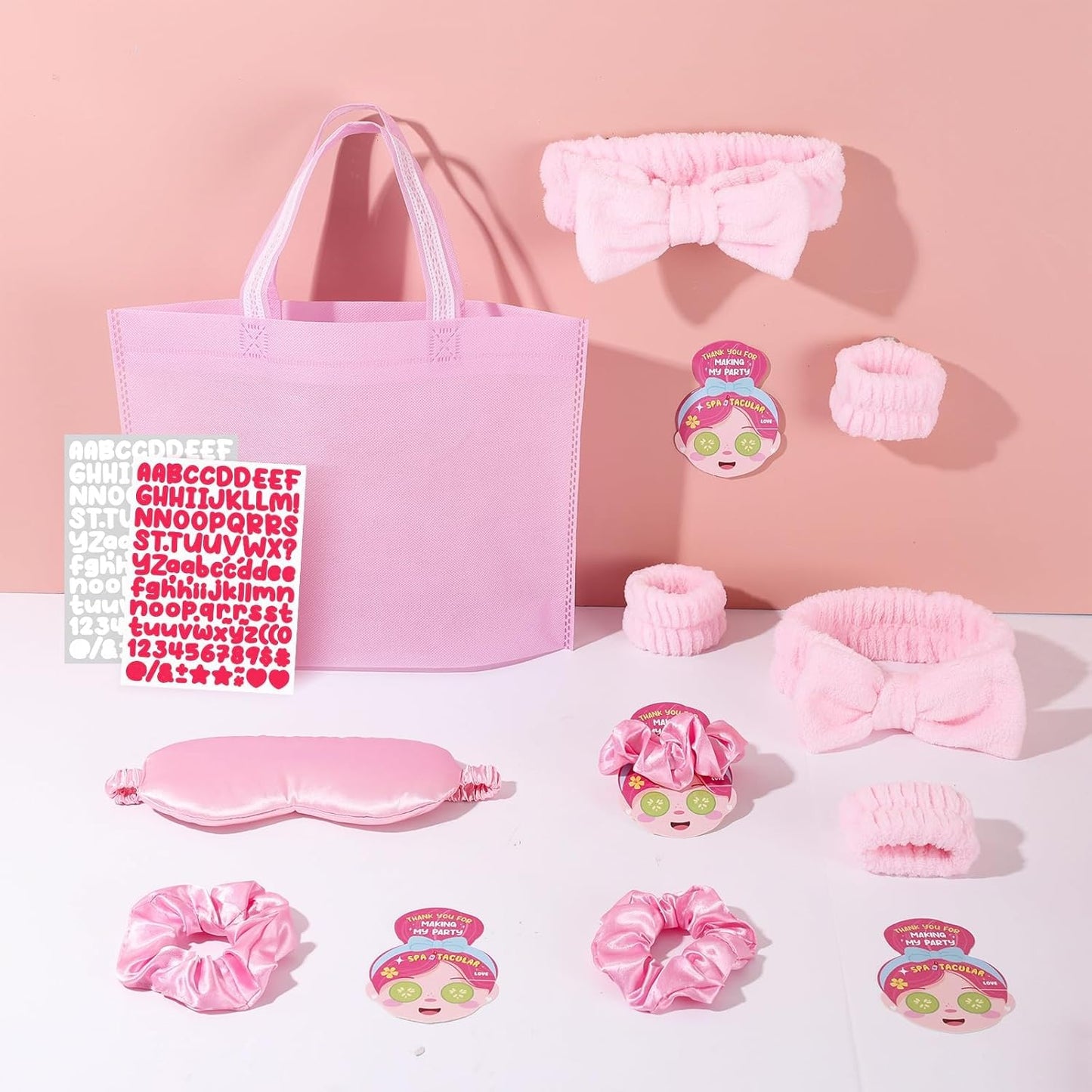 72 Pcs Spa Sleepover Party Supplies for Girls With DIY Stickers And Greeting Card Pink Headband Wristbands Eye Mask Hair Scrunchie Tote Bag Sleeping Slumber Party Favors