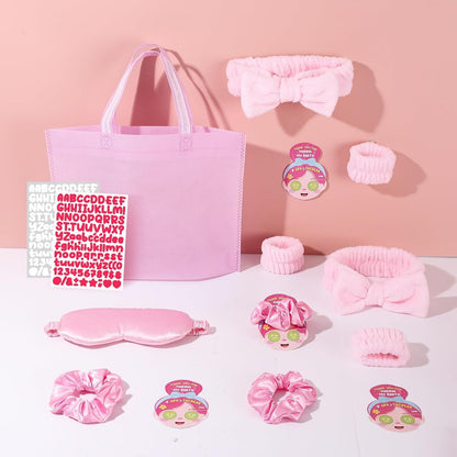72 Pcs Spa Sleepover Party Supplies for Girls With DIY Stickers And Greeting Card Pink Headband Wristbands Eye Mask Hair Scrunchie Tote Bag Sleeping Slumber Party Favors