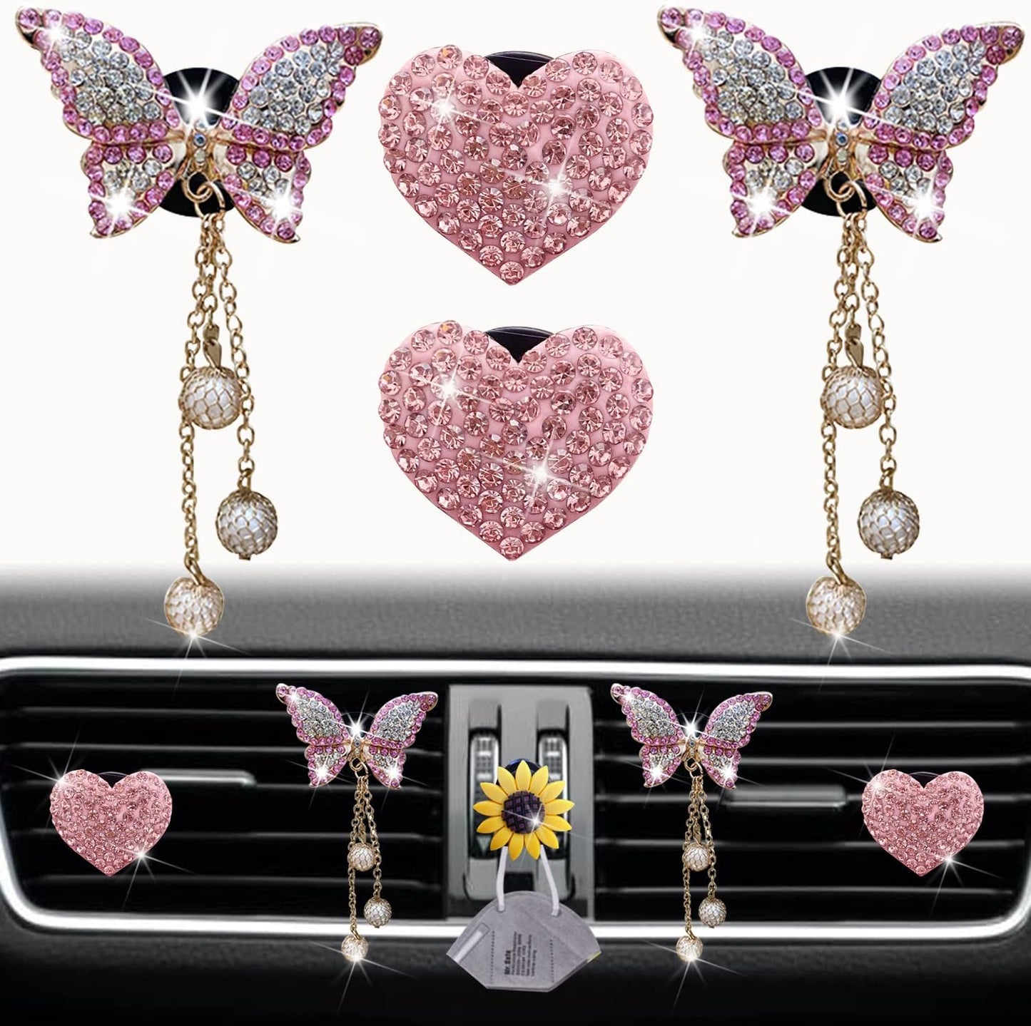 Pink Heart & Butterfly Pandent Air Vent Clips, 4 Pcs Bling Heart Car Air Fresheners Vents Clips Diamond Interior Decor Bling Cute Car Accessories Decoration for Women +Sunflower Mask Hook