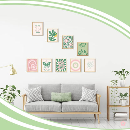 Fainne 9 Pieces Aesthetic Danish Pastel Room Decor Wall Decor Abstract Home Wall Art Decorations for Living Room Bedroom Decorations, 8 x 10 Inches Unframed (Green and Pink Style)