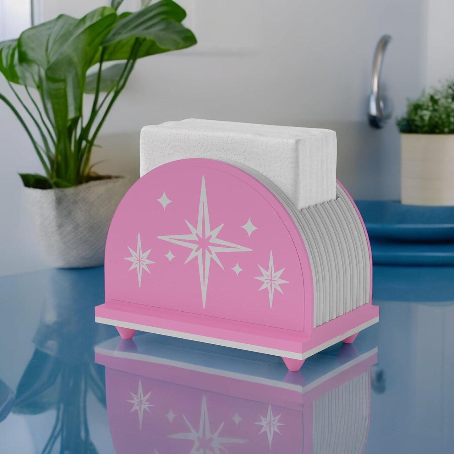 Mid Century Mod Arc Starburst Napkin Holder Retro Kitchen Decor 1960s 50s Atomic Era Gift Unique MCM Midmod Table Dinner Lunch Decoration (Pink/White)
