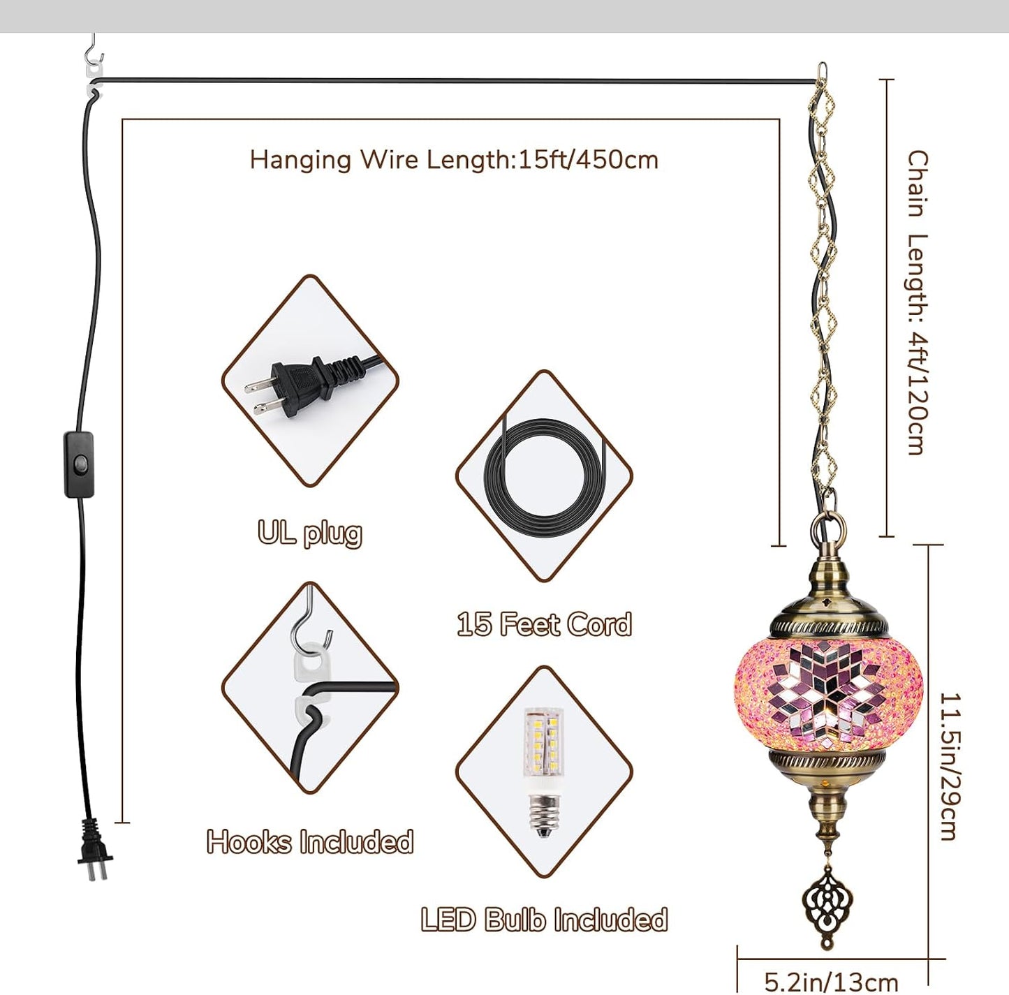 DIY Turkish Mosaic Lamp Kit, 5.2"D Plug-in Stained Glass Pendant Hanging Lamp Making Kit with 15ft Cord-No Skills Needed,Mosaic Art & Craft Project Kits for Adults&Teens, Make Your Own Lamp,Pink