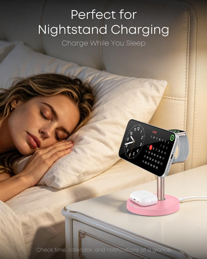 3 in 1 Magnetic Wireless Charging Station, 15W Fast Charger Stand for iPhone, Phone Charger Stand for Desk Nightstand, for iPhone 17/16/15/14/13/12, Apple Watch & AirPods, Adapter Not Included -Pink