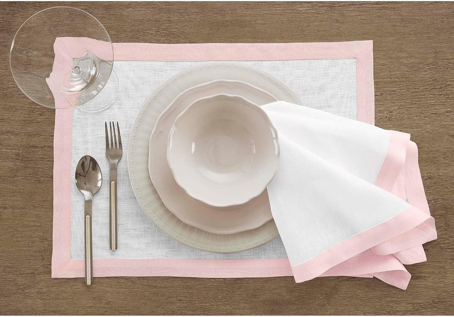 Solino Home Linen Placemats Set of 4 - Blush Pink and White Placemats 14 x 19 Inch - 100% Pure Linen Table Place Mats for Summer - Classic, Handcrafted and Machine Washable