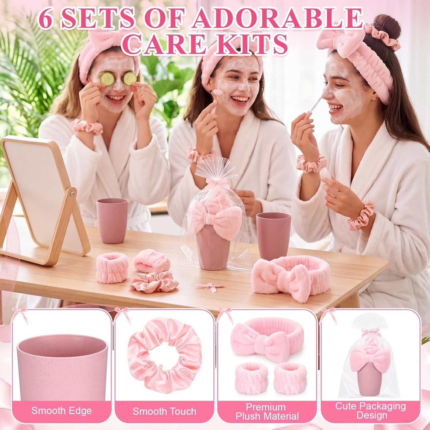 6 Set Sleepover Party Supplies for Girls Pink Toothbrush Cup Bow Headband Wristbands Scrunchies Slumber Gift for Women Birthday Bachelorette Sleepover Party Favors