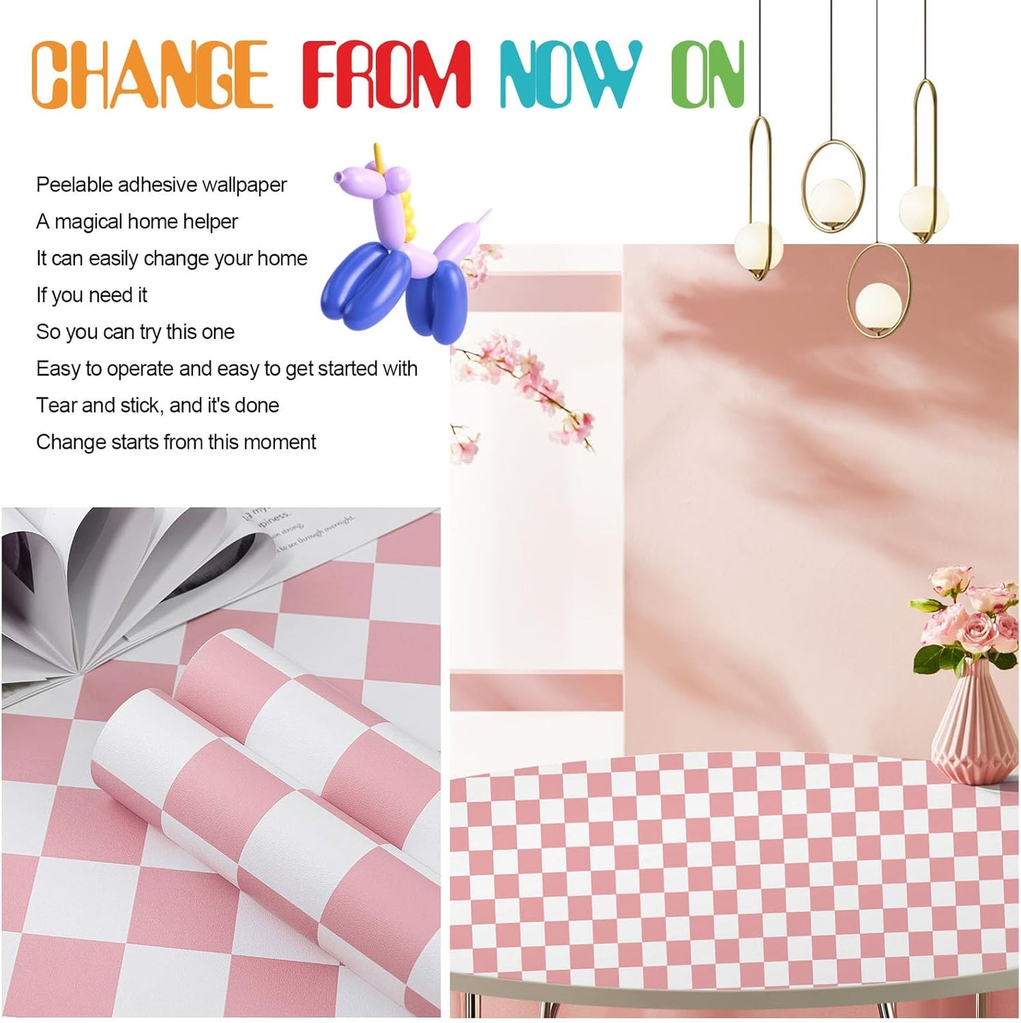 Amiya Checkered Wallpaper Peel and Stick Pink Mosaic Checkerboard Contact Paper 17.3”X120”Modern Self Adhesive Vinyl Removable Wall Paper for Shelf Liner,Classroom,Cabinets,Living Room
