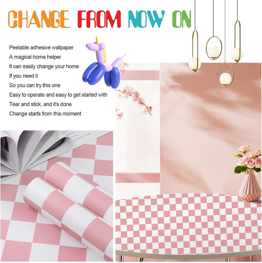 Amiya Checkered Wallpaper Peel and Stick Pink Mosaic Checkerboard Contact Paper 17.3”X120”Modern Self Adhesive Vinyl Removable Wall Paper for Shelf Liner,Classroom,Cabinets,Living Room