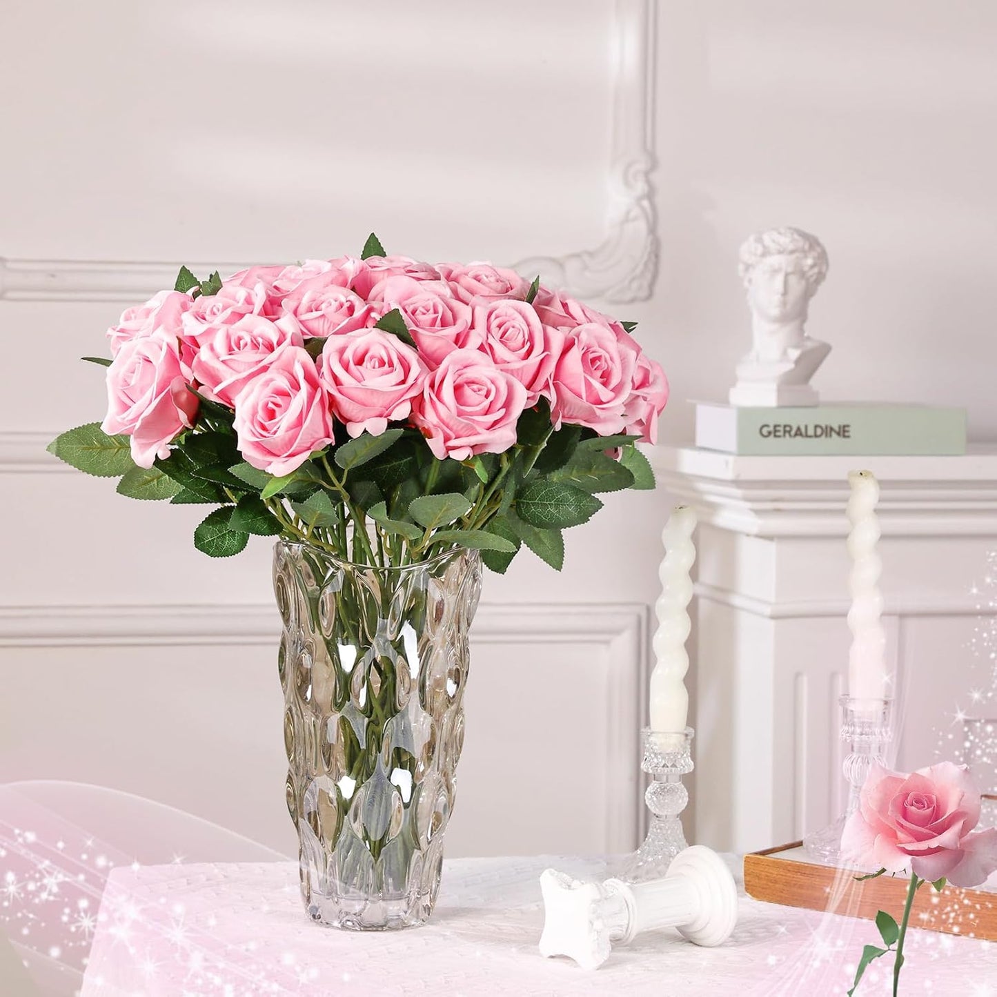 36 Pcs Pink Velvet Texture Soft Artificial Flowers Bridal Bouquet, Real Touch Fake Rose Long Stem Realistic Flowers Bulk for DIY Wedding Ball Arrangement Centerpiece Party Home Decor