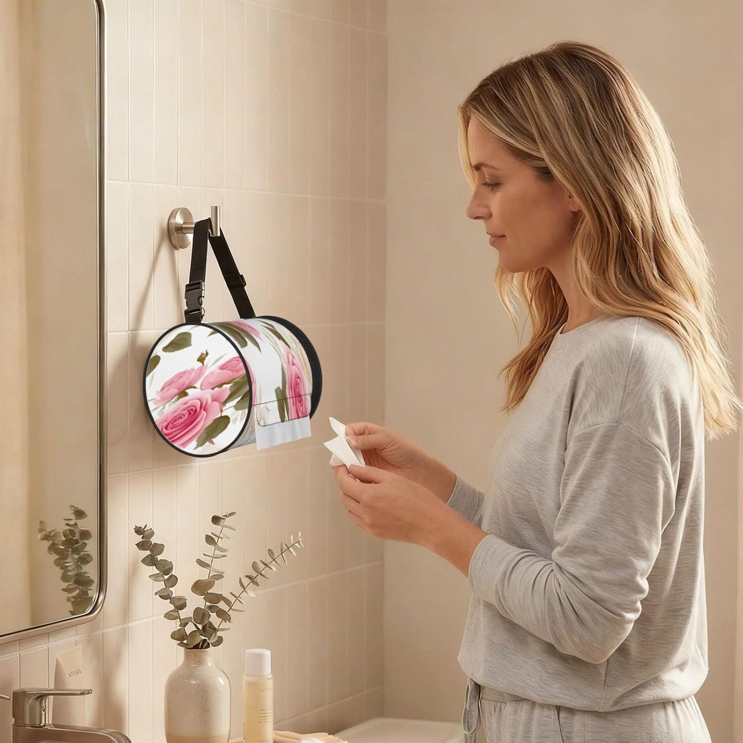 Oxford Cylinder Tissue Holder, Round Tissue Container Pink White Rose Flower - 6.3''X6.3'' Portable Toilet Paper Roll Cover Tissue Box for Home Car Camping Office Travel