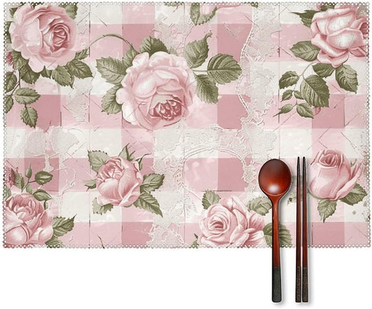 Placemats Set of 4 Heat Resistant Table Placemats Set Washable Easy Clean Placemat Durable Non-Slip Dining Table Mats Set Peach Retro Pattern Kitchen Place Mats for Dining Indoor Outdoor