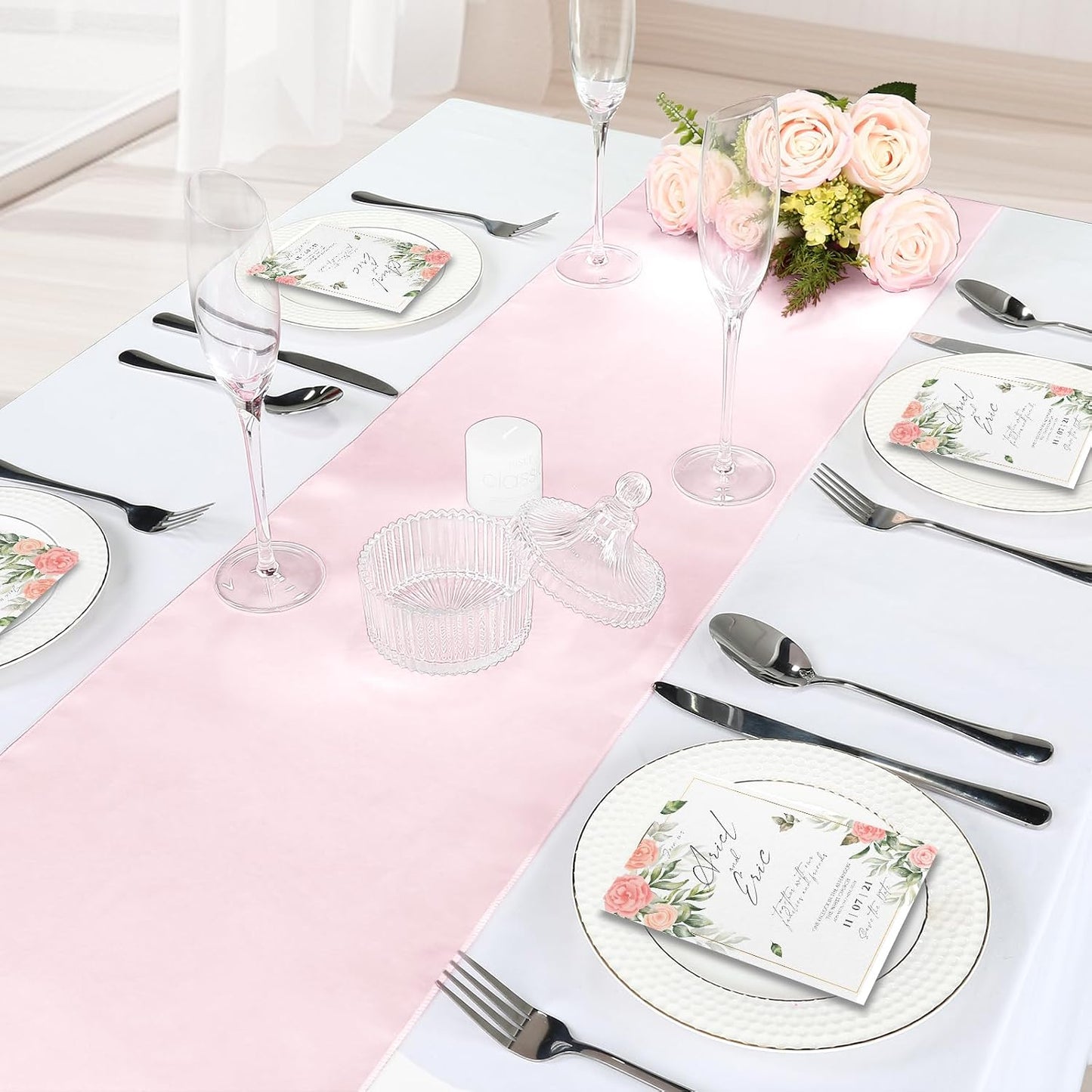 P Pothuiny 12 Pcs Light Pink Satin Table Runner 12 x 72 Inch Long Smooth Wedding Table Runners for Banquets, Graduations and Birthday Party Decoration