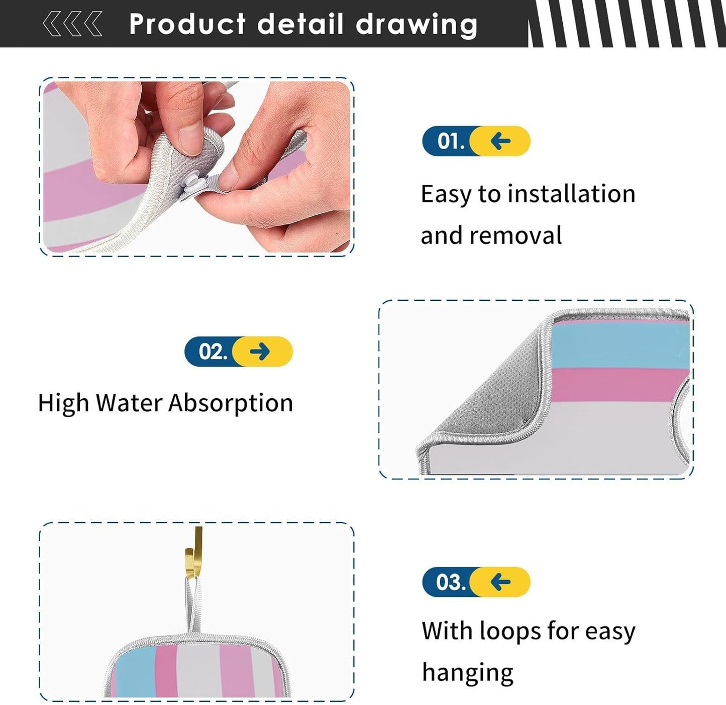 faucet mat with for kitchen sink Prevents Moisture hangable mats for kitchen sink for Kitchen Bathrooms 30”--Pink and Light Blue Straight Stripe Pattern