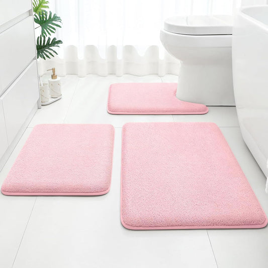 HOMEIDEAS Upgraded Bathroom Rugs Set 3 Piece, Ultra Soft Memory Foam Bath Mats, Super Absorbent Non Slip Washable U-Shaped Toilet Bath Rug (Light Pink, 17"x24"+20"x32"+U-Shaped 20"x24")