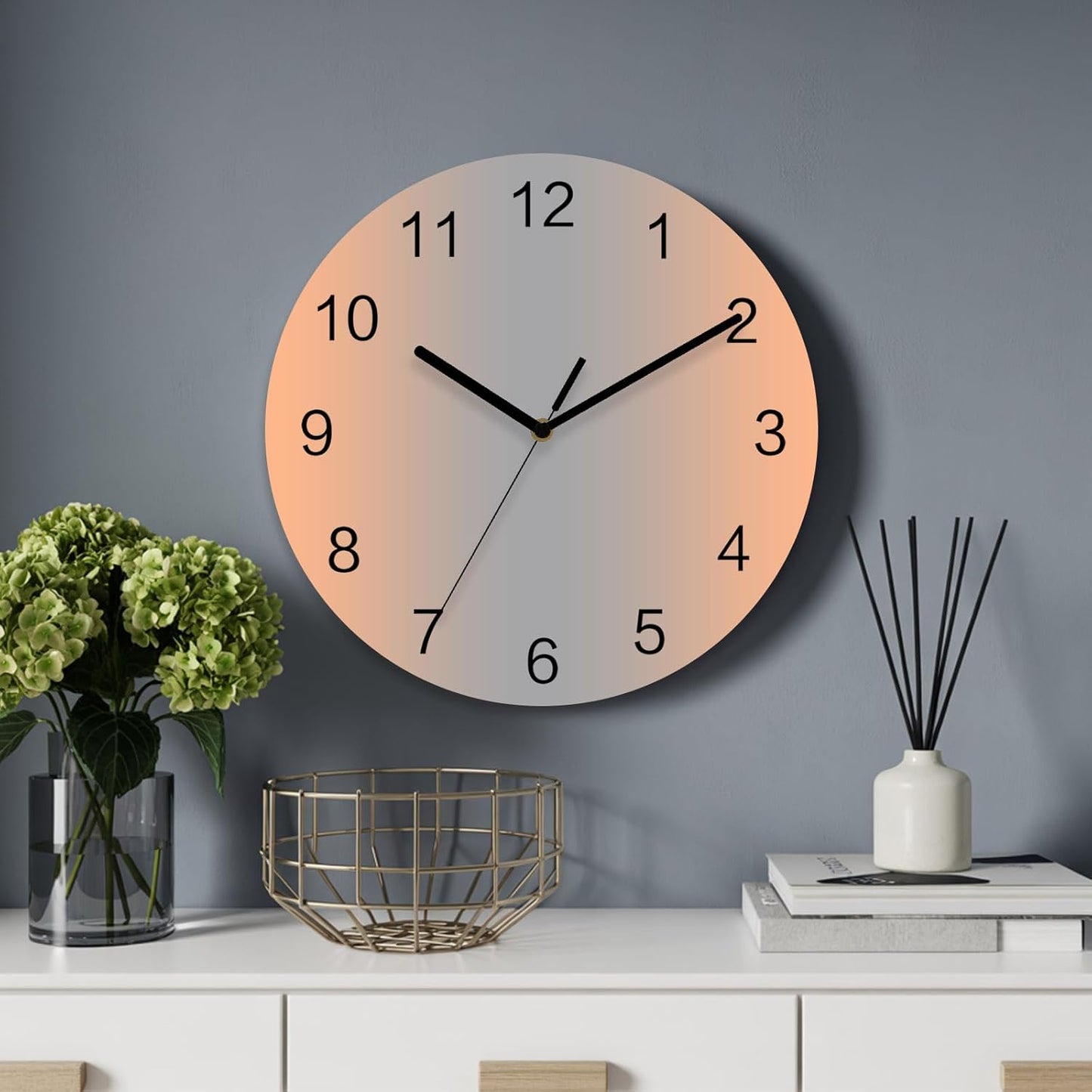 Ombre Abstract Gradient Coral Pink and Gray Wall Clock Battery Operated Non-Ticking 12" Round Wood Clocks, Kitchen Wall Clock for School Bathroom Living Room Home Office Wall Decor